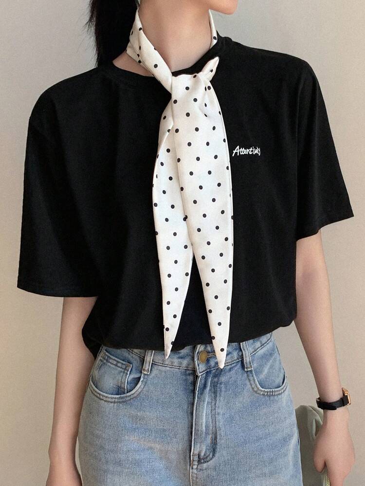 Women's Polka Dot Bow Decor Letter Print Loose Casual City Lifestyle Short Sleeve T-Shirt