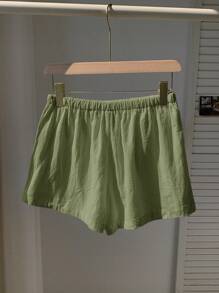 SHEIN EZwear 素色腰上打結闊腿短褲 - 綠色 - 查看 2