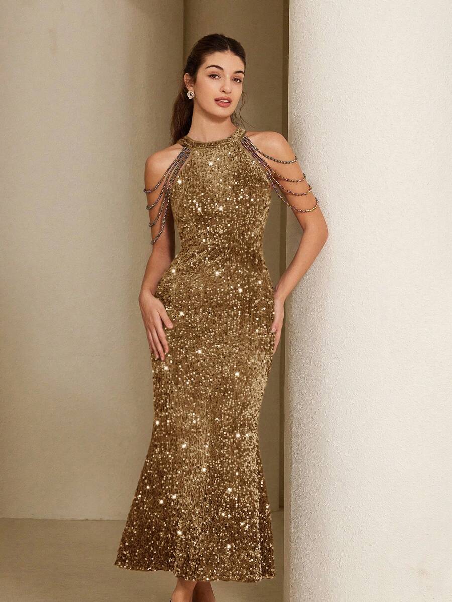Aveloria Rosie Đầm yếm gợi cảm sang trọng cao cấp mới với vải sequin tinh xảo, thiết kế nhiều dây xích, thắt eo, không tay, thích hợp cho tiệc tùng, ngày lễ tình nhân, mùa xuân/hè - Vàng - Xem 1