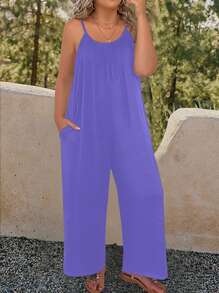 SHEIN LUNE Mono de pierna ancha estilo bohemio para mujer talla grande con tirantes ajustables, sin mangas y de estilo casual de verano - Púrpura malva - Ver 1