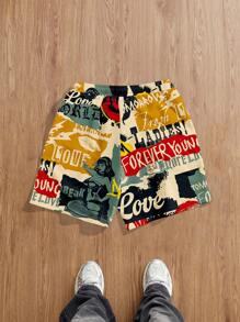 Manfinity Joysei Vintage Portrait Allover Print Loose Fit Terry Shorts For Men, Suitable For Summer Men Graphic Shorts - Multicolor - View 2