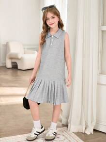 Girls' Pleated Hem Polo Neck Sleeveless Dress - Grey - View 5