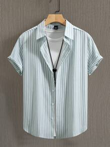 Manfinity Homme 男士条纹单排扣休闲短袖衬衫（不对称）男士条纹衬衫条纹衬衫条纹衬衫，老钱款 - 綠色 - 查看 1