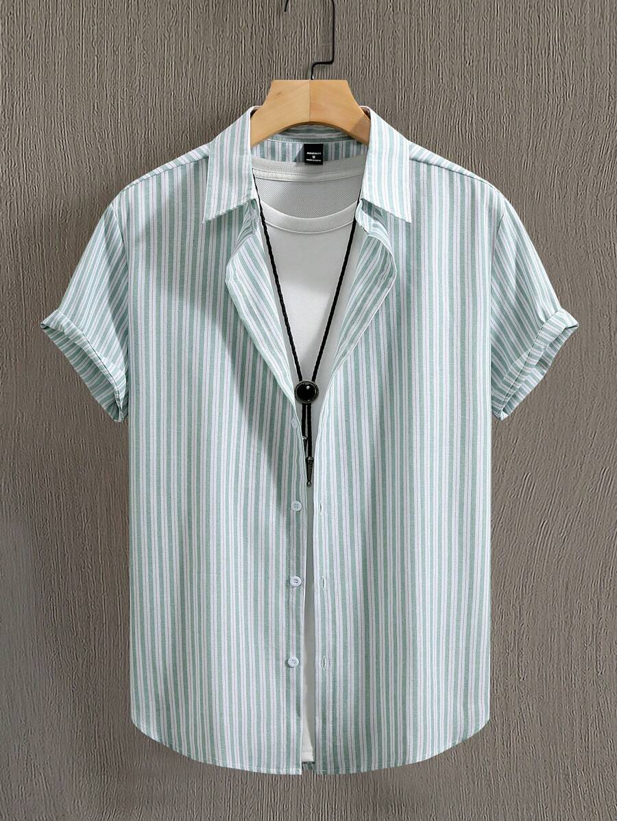 Manfinity Homme 男士条纹单排扣休闲短袖衬衫（不对称）男士条纹衬衫条纹衬衫条纹衬衫，老钱款 - 綠色 - 查看 1