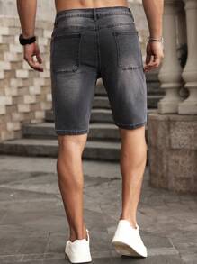 Manfinity Homme Men's Pockets Distressed Slim Fit Casual Versatile Denim Shorts - Black - View 2