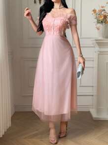 DAZY 女士优雅亮片装饰荷叶边下摆中长连衣裙 - 粉色 - 查看 8