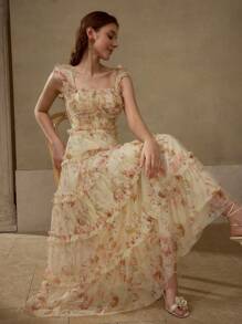 MOTF Soiréza MESH ALLOVER FLORAL PRINT LAYERED RUFFLE TRIM BUSTIER COCKTAIL DRESS - Yellow - View 1