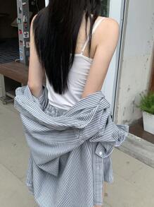 DAZY Women's Long Lapel Loose Striped Shirt And Shorts Two Pieces Urban Casual Denim Suit - Blue - View 3