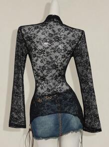 SHEIN ICON Sexy Lace Asymmetrical See-Through Cardigan Top - Black - View 2