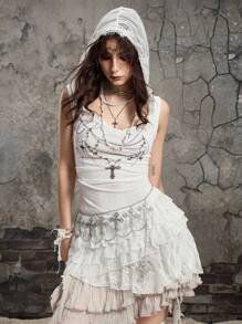 ROMWE Grunge Punk Y2K 复古圆领无袖连帽衫下摆不对称十字链印花世界末日风格背心 - 白色 - 查看 10