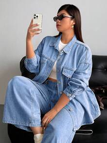 SHEIN ICON Plus Size Women Loose Fit Distressed Denim Jacket - Light Wash - View 1