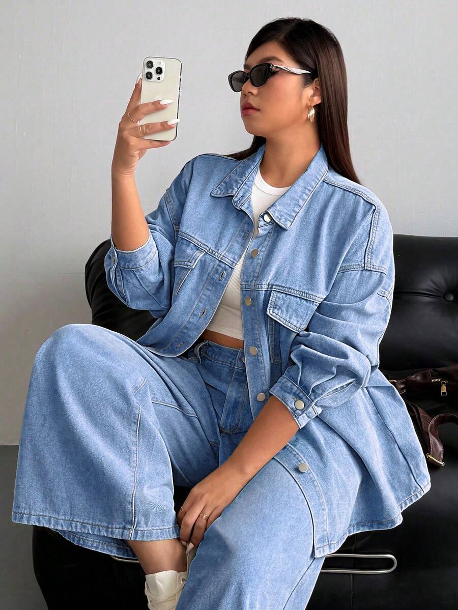 SHEIN ICON Plus Size Women Loose Fit Distressed Denim Jacket - Light Wash - View 1