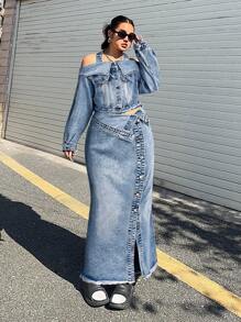 SHEIN ICON Plus Size Women Vintage Washed Casual Waistband Ruffle Slit Denim Mini Skirt