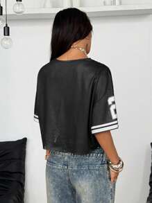 Coolane 女士夏季运动服基本款 Y2K 数字图案撞色蕾丝 V 领针织大码 T 恤 - 黑色 - 查看 2