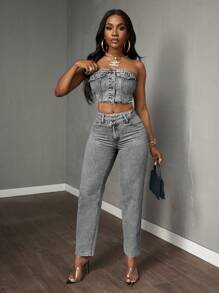 SHEIN PETITE Women's Asymmetric Waist Pocket Straight Leg Loose Casual Jeans - Grey - View 10