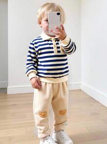 SHEIN 2 pezzi/Set Autunno Inverno Neonato Maschio/Femmina Camicia Polo a Righe Stile College Confortevole e Morbida e Pantaloni Lenti in Pile con toppe Decorativa di Orso cartoni animati