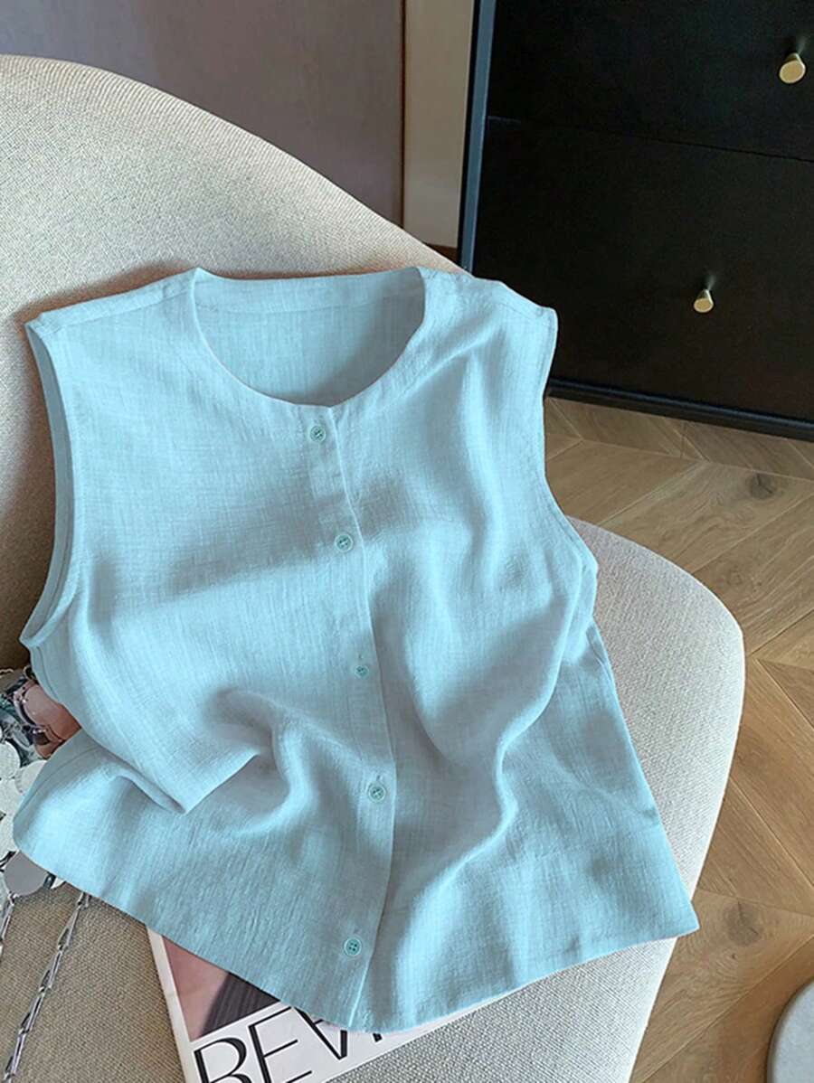 SHEIN 女士纯色圆领单排扣休闲衬衫，夏季百搭 - 淺藍色 - 查看 1