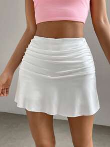 SHEIN x Carly Lawrence SHEIN EZwear Spring Break Solid Ruched Ruffle Hem White Skirt - White - View 4