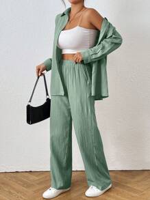 SHEIN PETITE Setelan Kasual Dua Potong Wanita Lengan Panjang Kancing Tunggal Warna Polos, Kemeja dan Celana - Cadet Blue - View 5