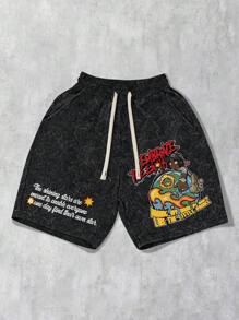 ROMWE MEN Street Life Pantaloni scurți casual pentru bărbați cu imprimeu de slogan pentru vară
