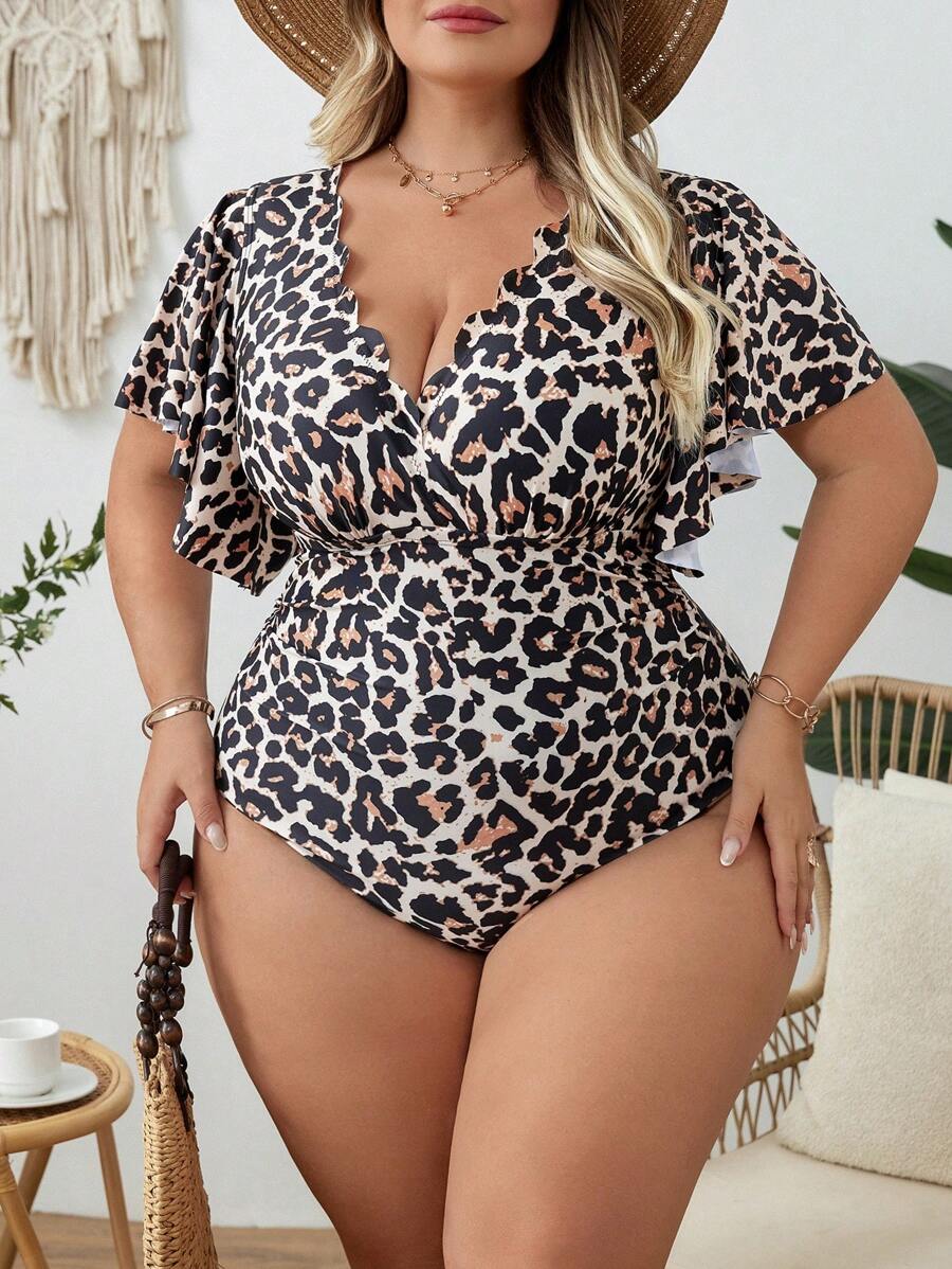 SHEIN CURVE+ Plus Size Women's Leopard Print Ruffled One-Piece Swimsuit For Summer Beach Vacation - Brown - View 1