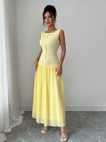 Modelyn Women's Butter Yellow Textured Patchwork Chiffon Buttoned Design Casual Summer Dress - Yellow - View 3