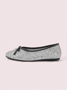 CUCCOO DOLLMOD Bailarinas de puntera redonda vintage francesas para mujer con lazo decorativo con brillo, color plateado, para primavera/verano