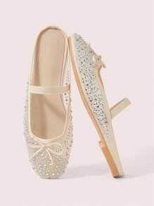 CUCCOO DOLLMOD Fashionable Women's Fully Rhinestone Mesh Bow Mary Jane Ballet Flats, Elegant Comfortable Cute Slip-On Loafers - Beige - View 2