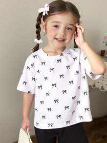 Baby Mädchen Koreanische Mode lässige süße Rundhalspulli mit Digitalprint und Schleife, dazu einfarbige gestrickte Shorts, Sommer