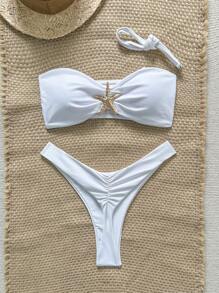 Swim Vcay 女士纯色细肩带海星金属装饰性感比基尼套装，夏季