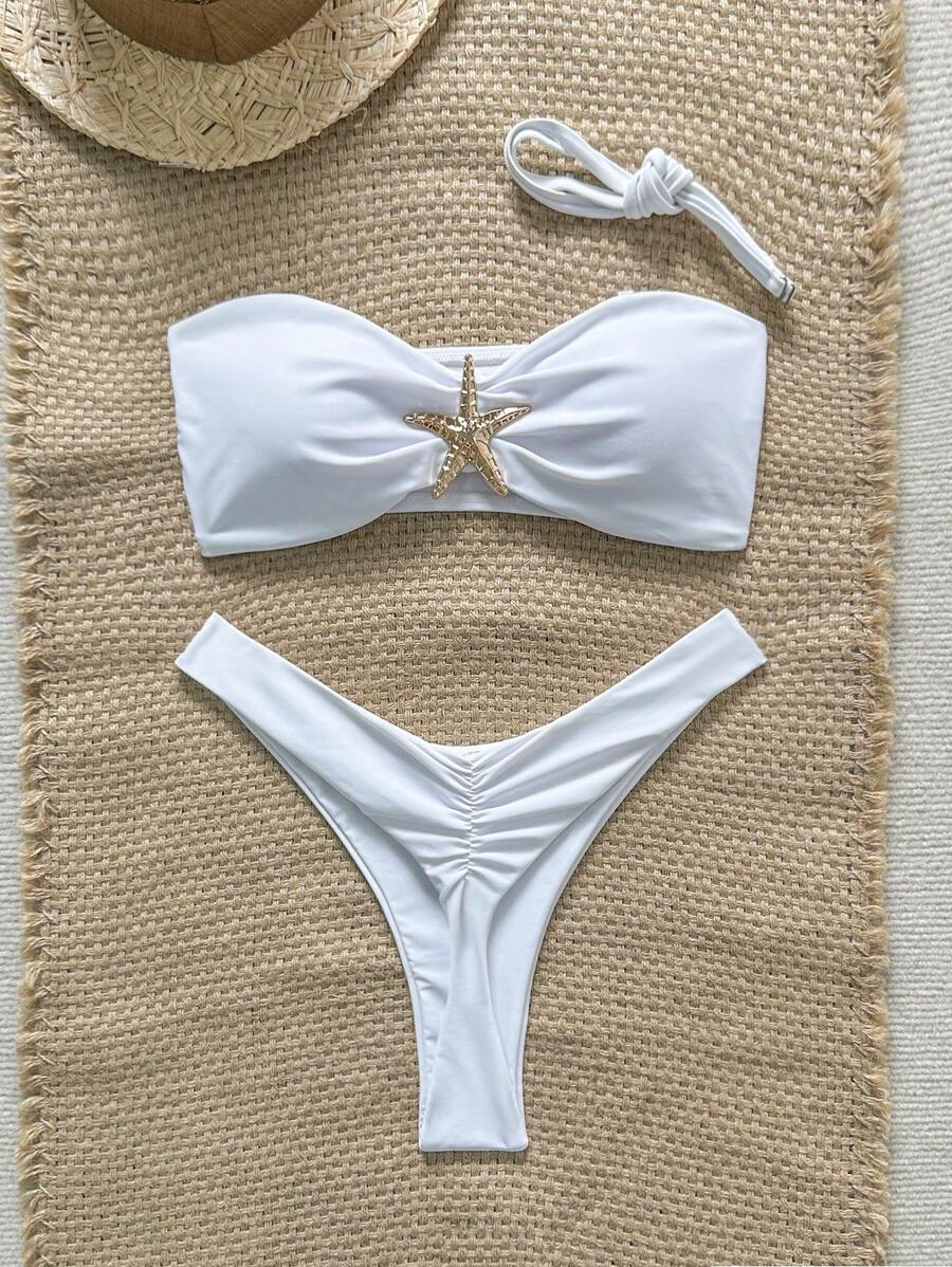 Swim Vcay 女士纯色细肩带海星金属装饰性感比基尼套装，夏季