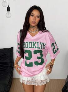 Coolane 女士春夏街头潮流情侣同款休闲V领落肩字母印花宽松休闲运动T恤 - 粉色 - 查看 3