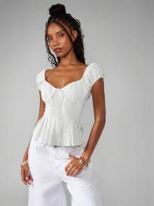 MISSGUIDED Blusa con estilo de corsé, mangas abultadas, parte superior fruncida tipo bustier, estilo campestre de verano, cintura fruncida a rayas y cierre delantero de encaje - Multicolor - Ver 5