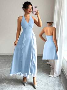 Modelyn Váy hở lưng cổ chữ V kiểu Pháp, eo thắt chặt - Màu xanh lam - Xem 5