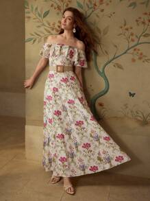 MOTF PREMIUM VESTIDO LARGO SIN CINTURÓN DE MUJER EN MEZCLA DE LINO CON ESTAMPADO FLORAL TODO SOBRE EL HOMBRO - Multicolor - Ver 8