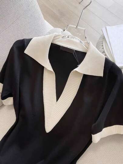 INAWLY 休闲日常简约撞色短袖女式毛衣连衣裙
