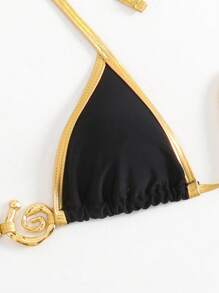 Swim SXY 3pcs Solid Color Halterneck Micro Triangle Bikini Top, Side Tie Swim Bottom & Skirt Set For Summer Beach Vacation