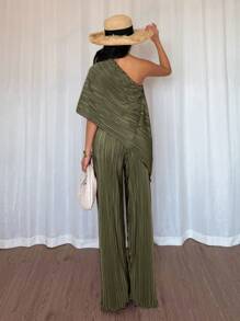 Elenzga Summer Fashion Solid Color One Shoulder Top And Pants Set - Army Green - View 2