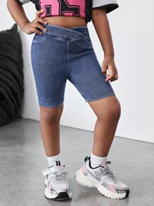 SHEIN Young Girl Blue Knitted Stretch Skinny Denim Shorts, Spring And Summer Casual Vacation Country Boho Wear - Dark Wash - View 3