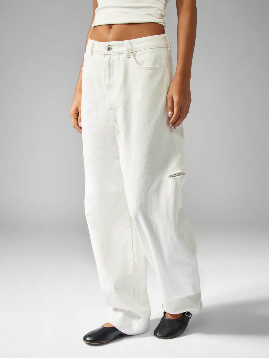 MISSGUIDED High Waisted Wide Leg Barrel Cut Ripped Jeans Distressed Loose Fit Denim Pants Fall Winter Casual Streetwear Fashion - White - View 1
