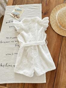 SHEIN LMoss Kids Babygirl 可爱白色刺绣花卉印花连体衣，夏季 - 白色 - 查看 2