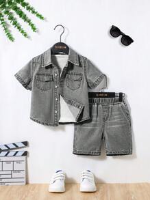 Conjunto de 2 piezas para niño pequeño de camisa negra casual y cómoda, y pantalones cortos de mezclilla de corte holgado, look urbano y cool, conjunto básico y versátil para usar en interior/exterior, ropa de ocio para niños en primavera y verano