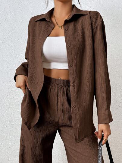 SHEIN PETITE Women Casual & Office Wear Solid Color Shirt And Pants 2 Pieces Set