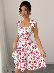 Elenzga 全新碎花肩部蝴蝶结腰部 A 字形休闲优雅度假迷你连衣裙，适合女士 - 紅色 - 查看 4