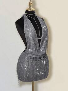 SHEIN ICON Vestido mini ceñido con escote profundo en la espalda, adornos de flecos y lentejuelas, y atar en el cuello para mujer - Gris - Ver 5