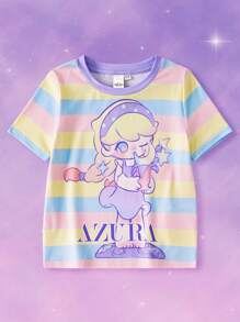 Pop Mart Azura X SHEIN Young Girl Cartoon & Striped Pattern Casual Sweet Cute Short Sleeve T-Shirt