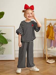 SHEIN Young Girl Striped Casual Casual Knit Top And Casual Knit Casual Pants Set - Black - View 7