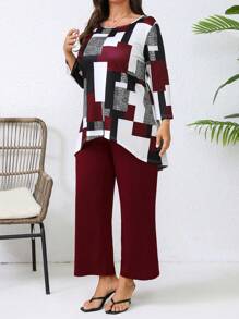 2pcs Plus Size Casual Contrast Color Geometric Print Asymmetric Hem Top And Solid Color Pants Set, Spring/Autumn - Multicolor - View 5