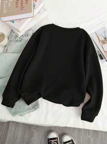 SHEIN Tween Girl Casual Round Neck Long Sleeve Bow Print Sweatshirt - Black - View 2