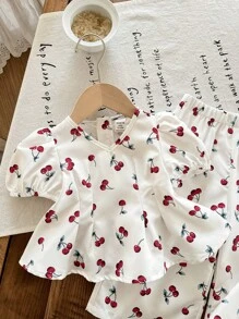 SHEIN LMoss Kids Babygirl 花卉印花短袖上衣和松紧腰裤两件套服装，夏季 - 彩色 - 查看 5